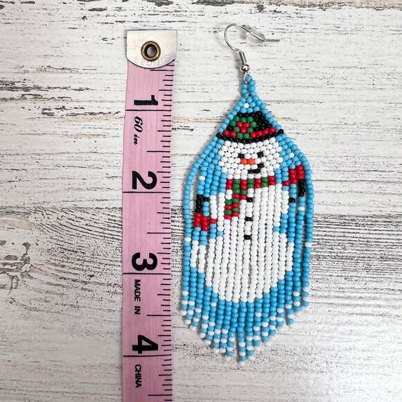 Beaded Snowman Earrings Holiday Christmas Fringe Seed Bead Dangle Fishhook - Picture 5 of 8
